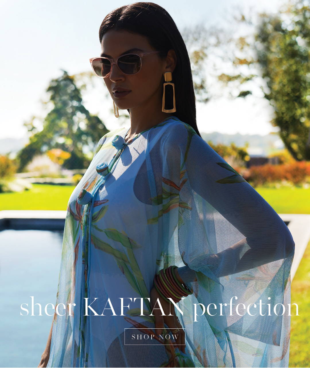 Sheer Kaftan Perfection | Woman wearing mesh kaftan over a bathing suit by the pool