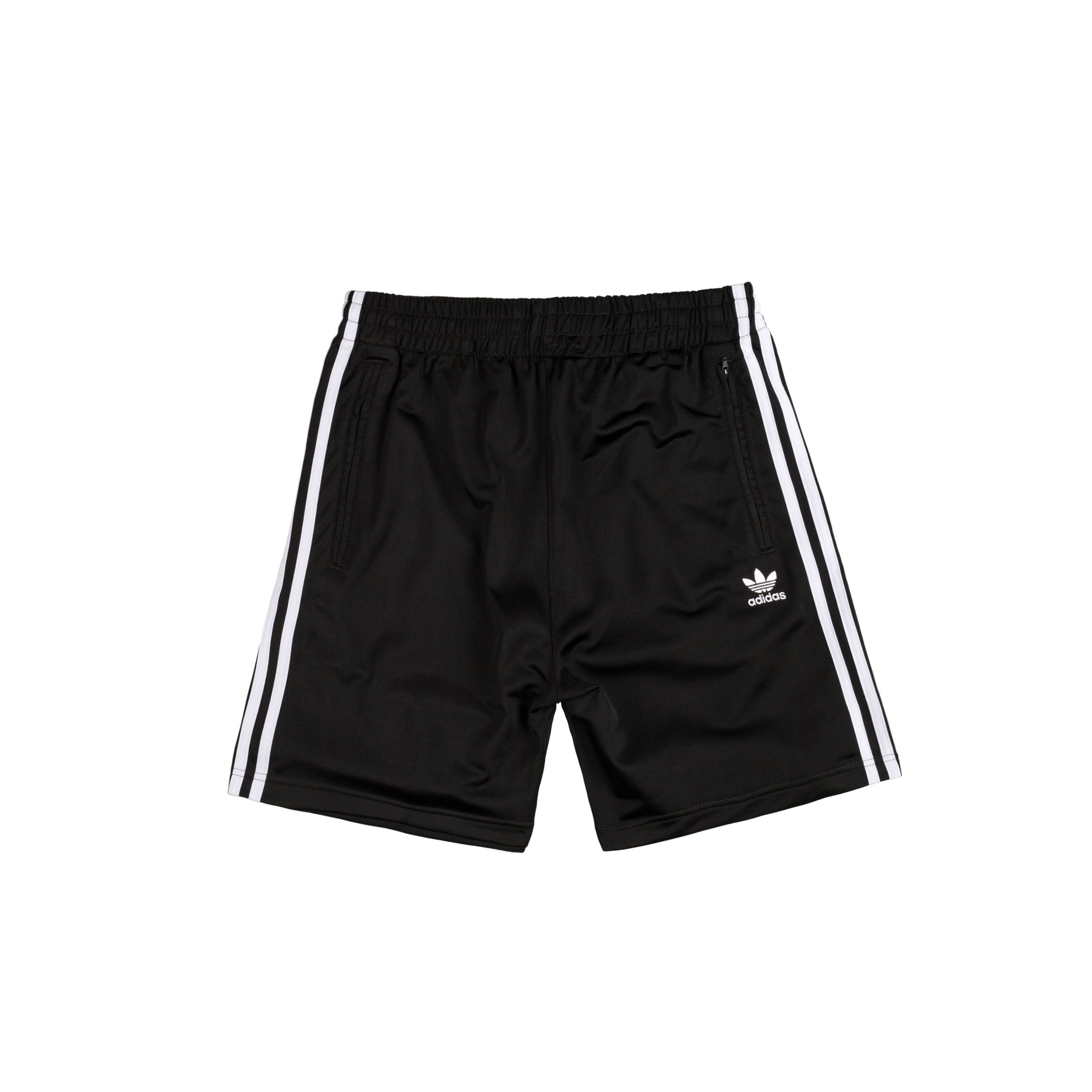 Black athletic shorts with white stripes and logo.