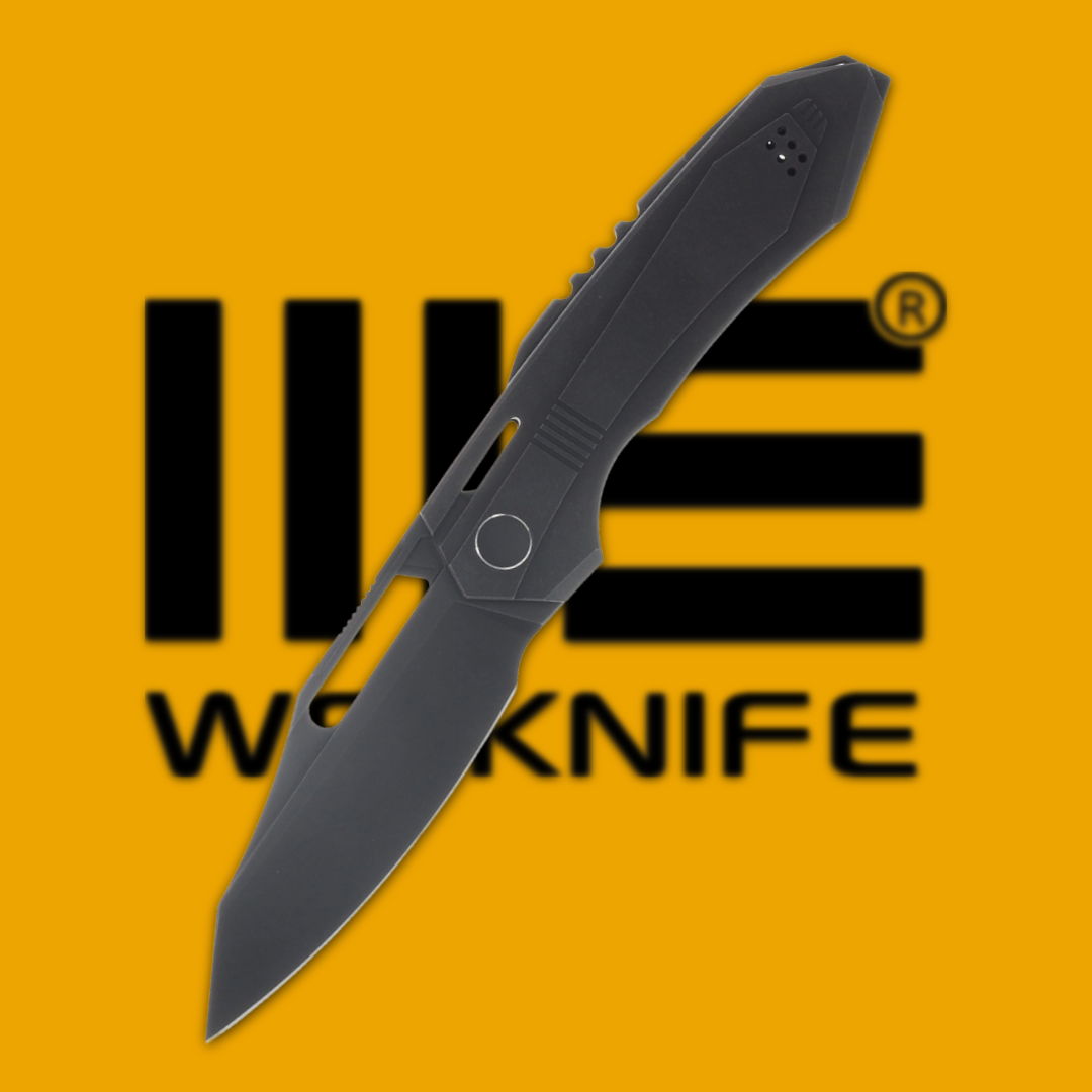 Black folding knife on an orange background with a logo.