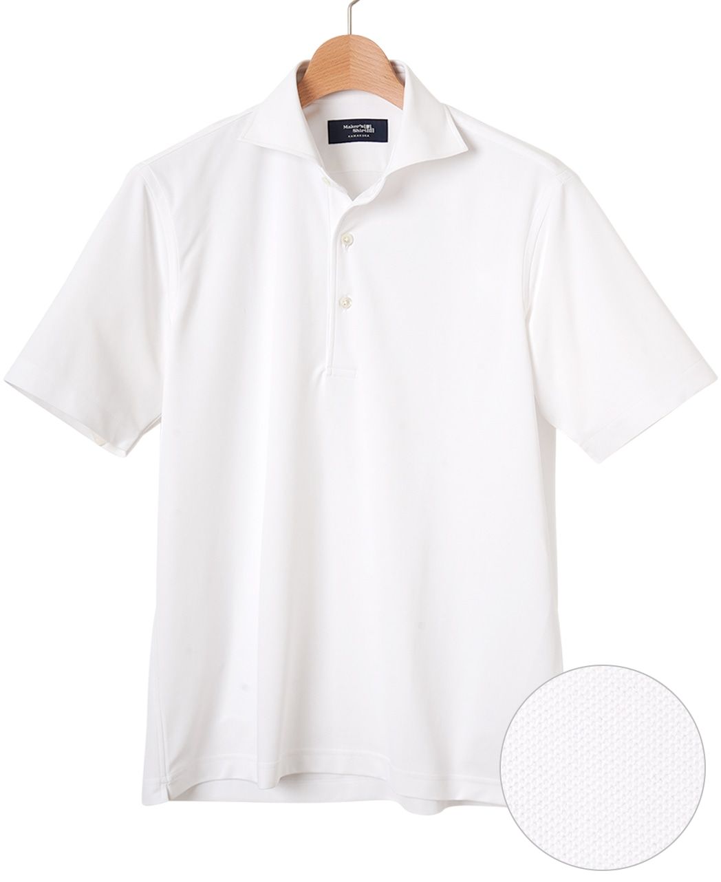 White short-sleeve polo shirt displayed on a hanger with a color swatch.