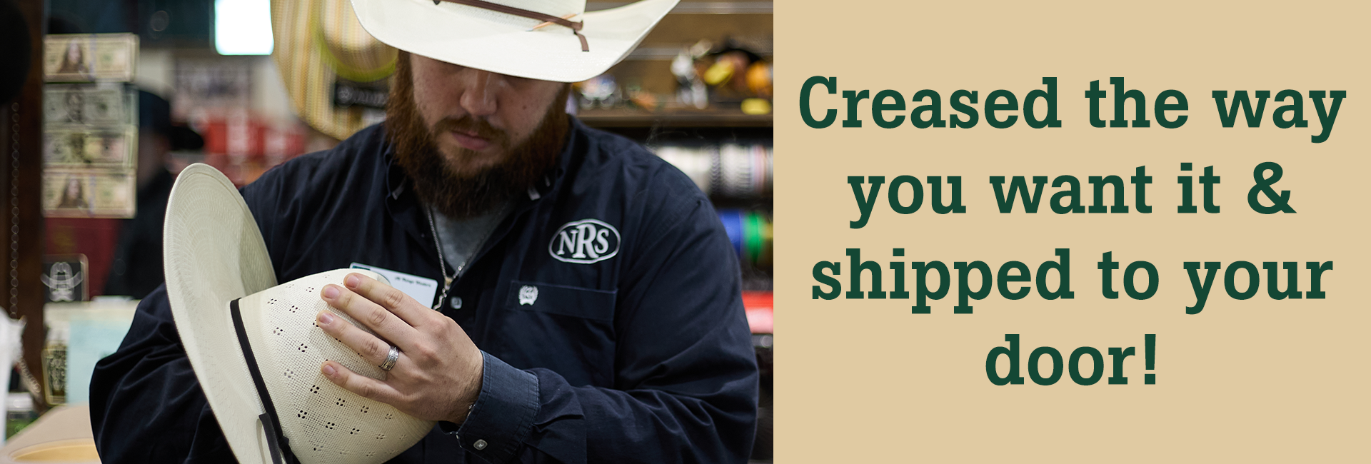 Person adjusting a hat with promotional text about custom shipping.