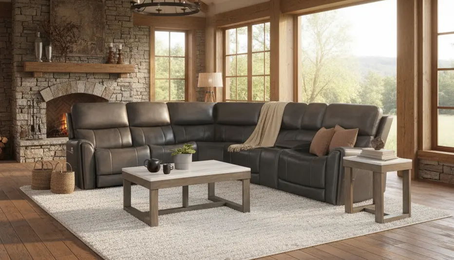 Living room with a brown sectional sofa, coffee table, and large windows.
