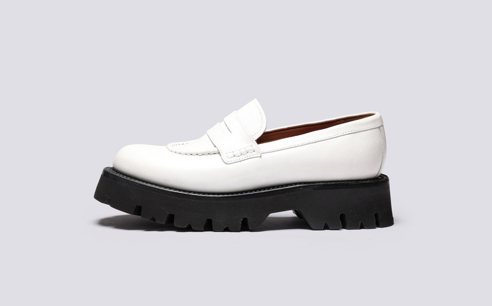 Grenson  Luxury Womens White Leather Loafer on Chunky Rubber Soles - Hattie
