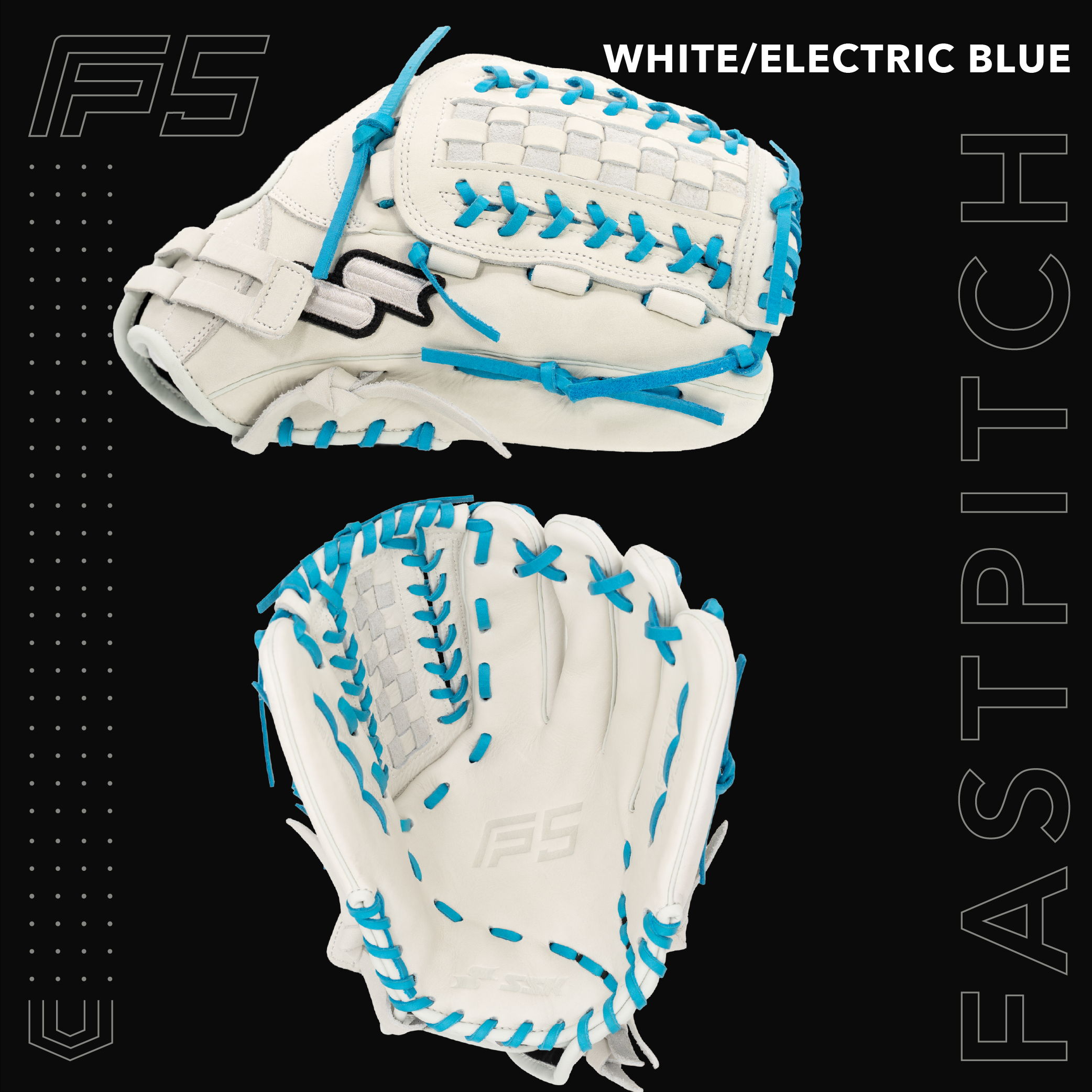 White and electric blue fastpitch softball glove displayed from two angles.