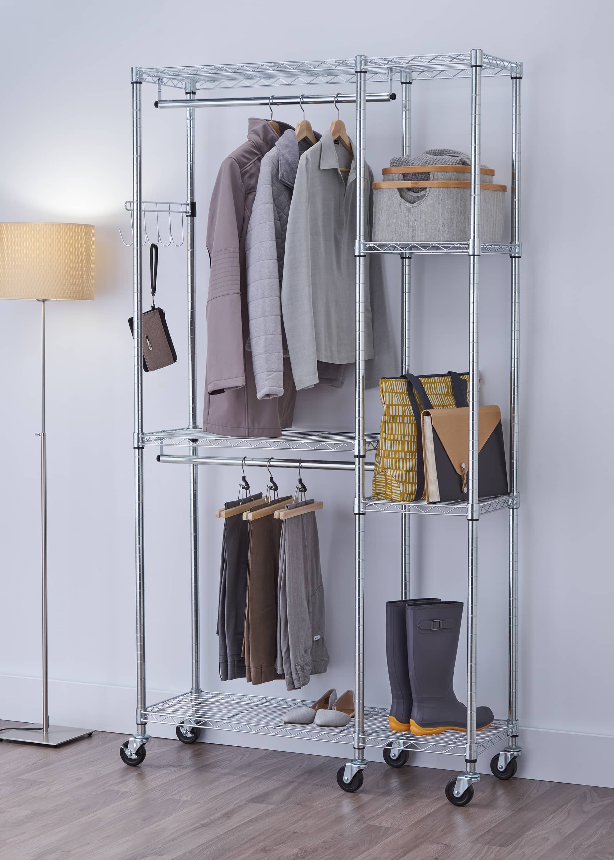 chrome color garment rack with wheels filled with clothes