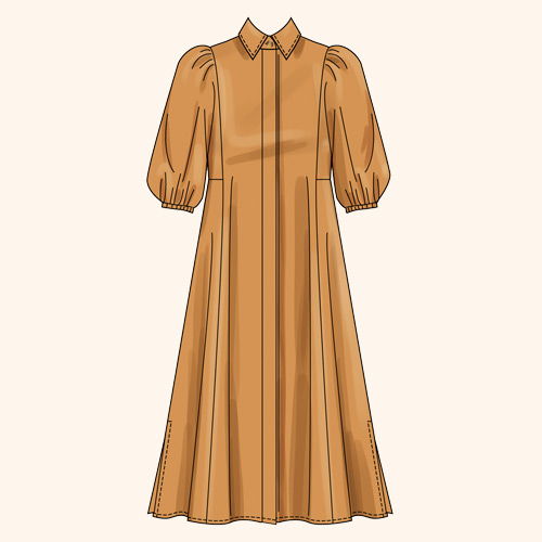 A long, brown dress with puffed sleeves and a collar.