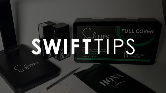 Swift Tips nail product kit displayed with various items and branding.