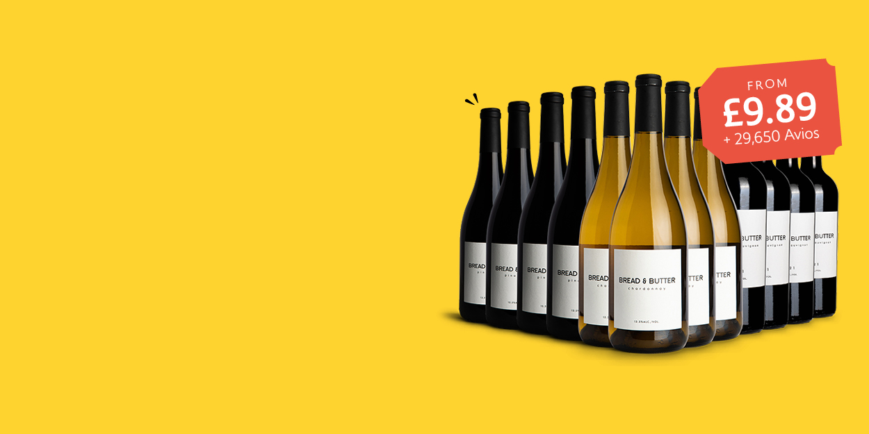 Bottles of wine against a yellow background with a price tag.