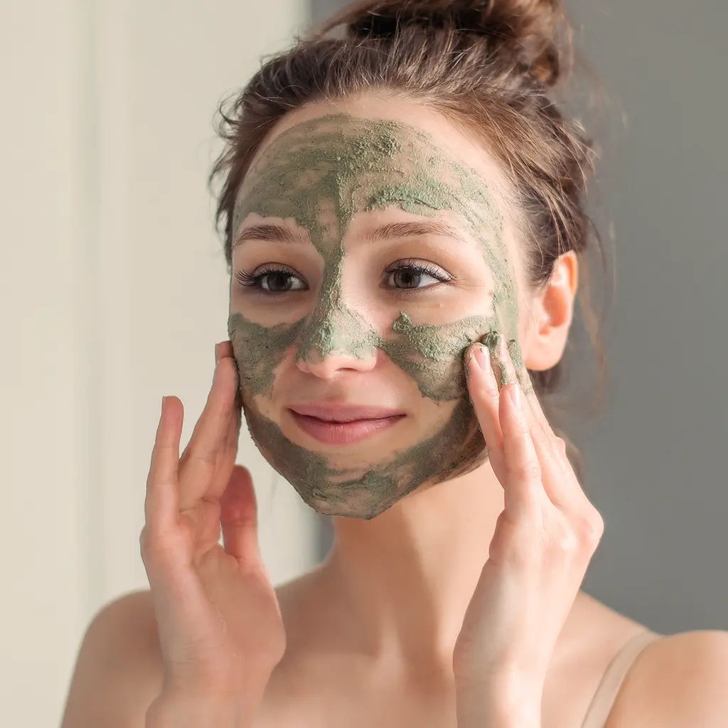Woman applying a green face mask while smiling.