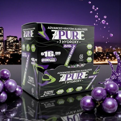 Box of 7 Hydro Pure kratom analogs with grapes in a city backdrop.
