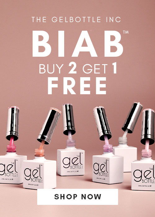 Promotional image for gel nail products with a buy two, get one free offer.