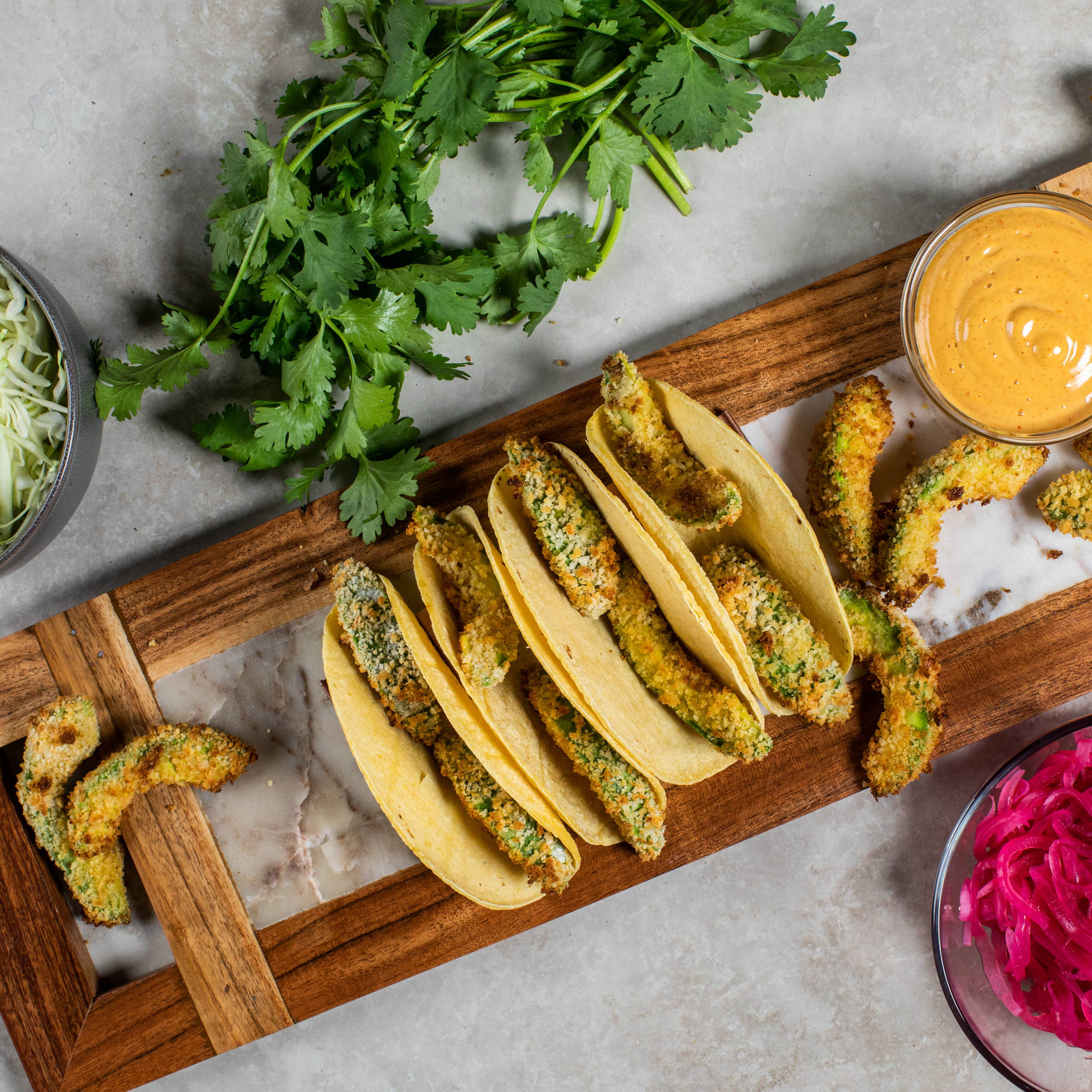 Air Fried Avocado Tacos with Pickled red onions and Crema