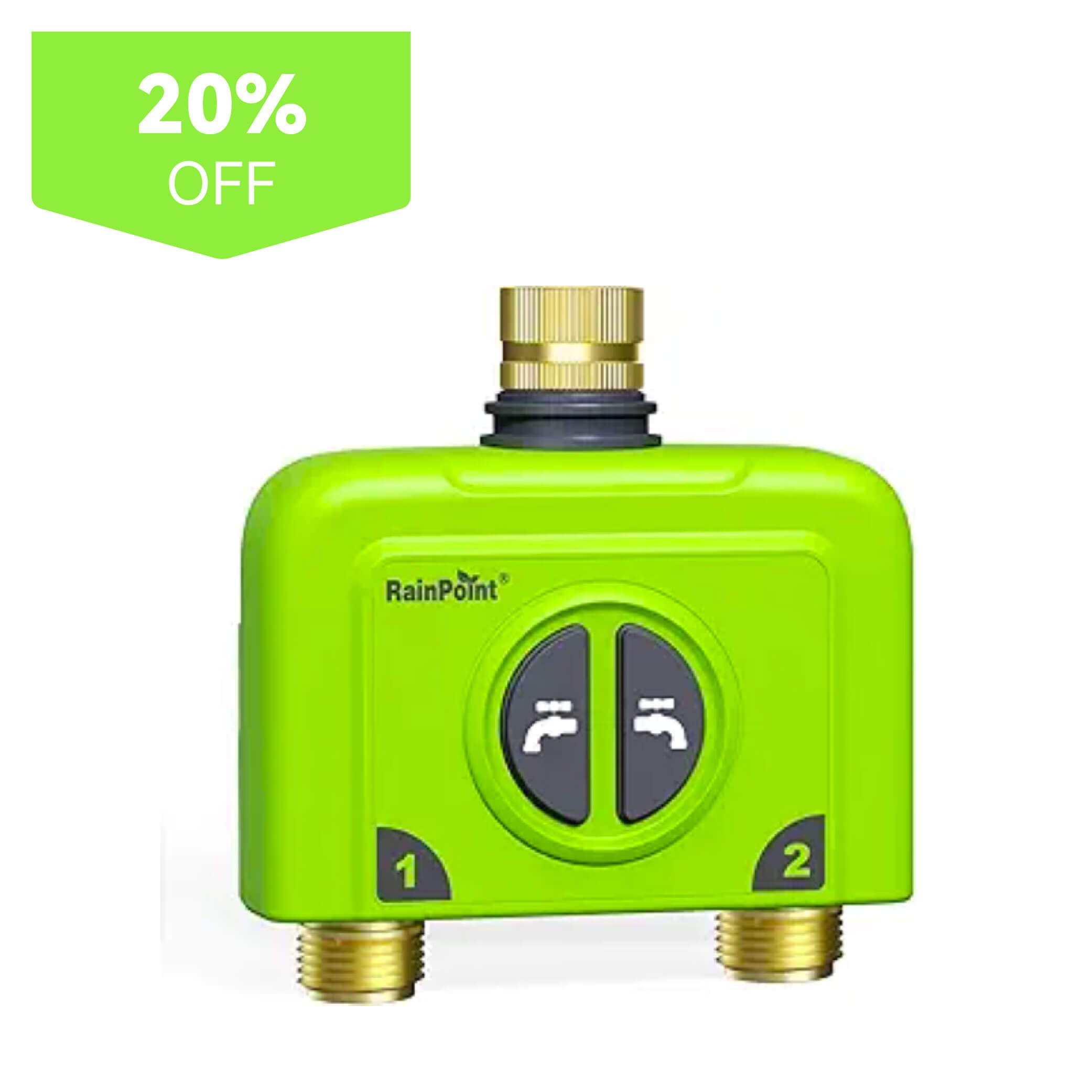 Green dual outlet water valve with a 20% off tag.