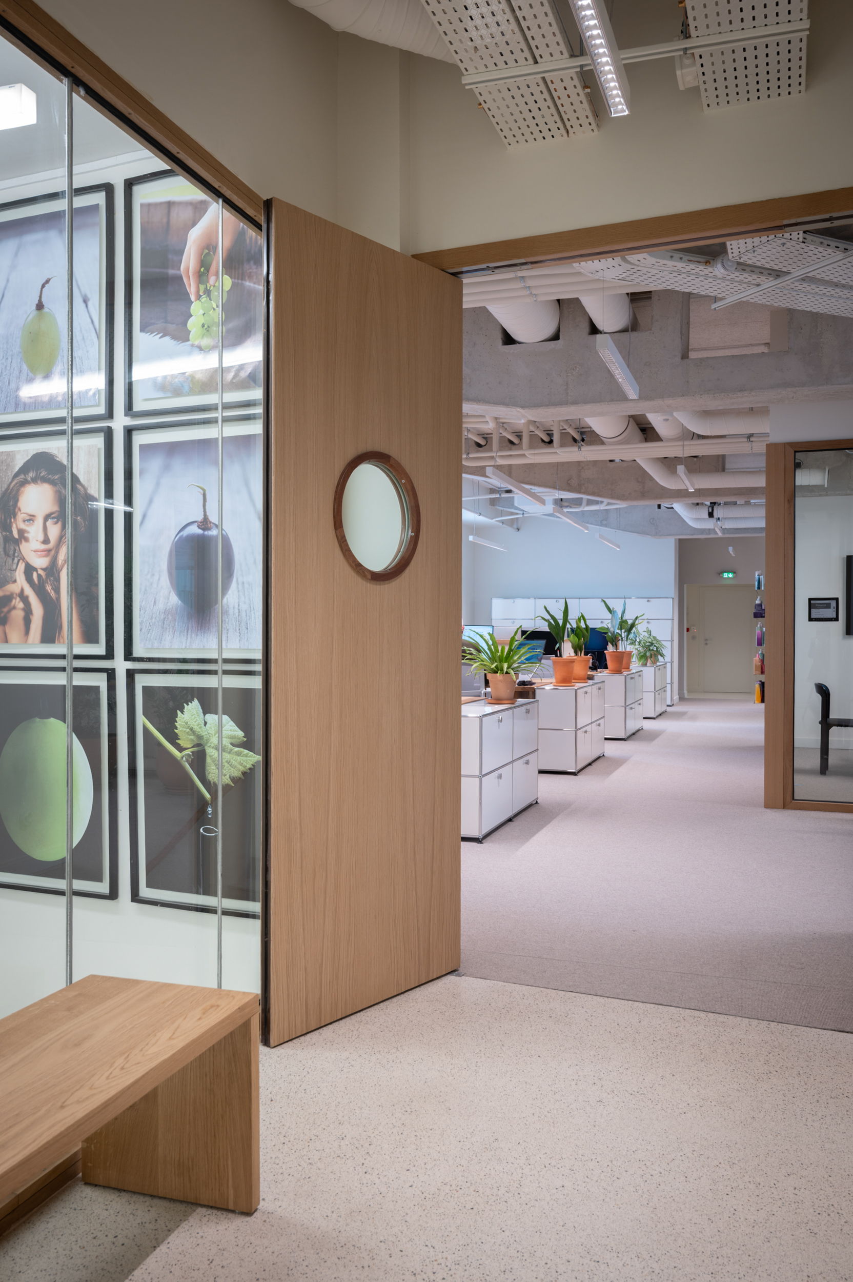 Modern office interior with plants and framed artwork on the walls.