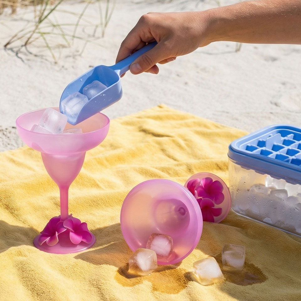 Hand scooping ice into a pink margarita glass on a beach towel.