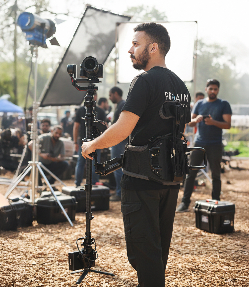 A person holding a camera on a stabilizer at a film set.