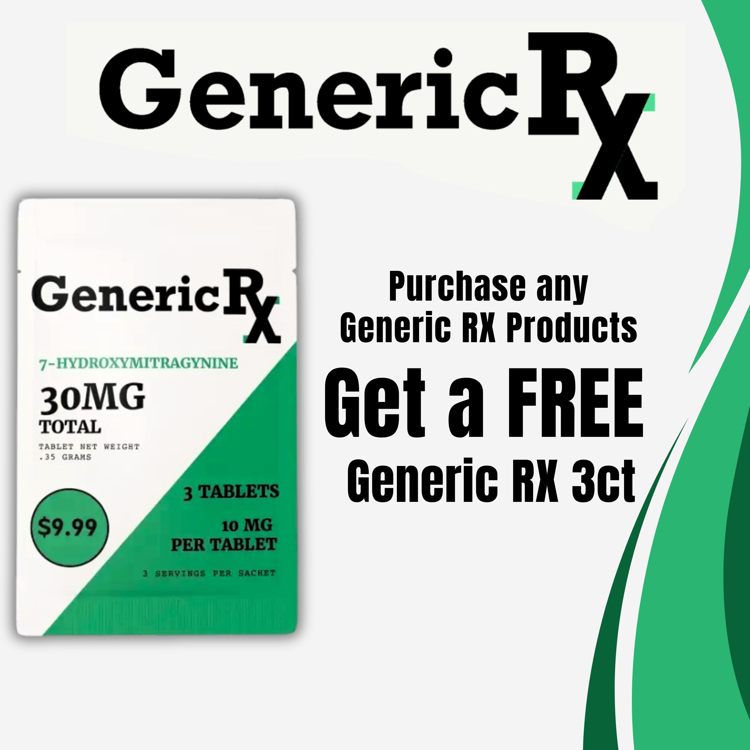 Advertisement for Generic RX products with promotional offer.