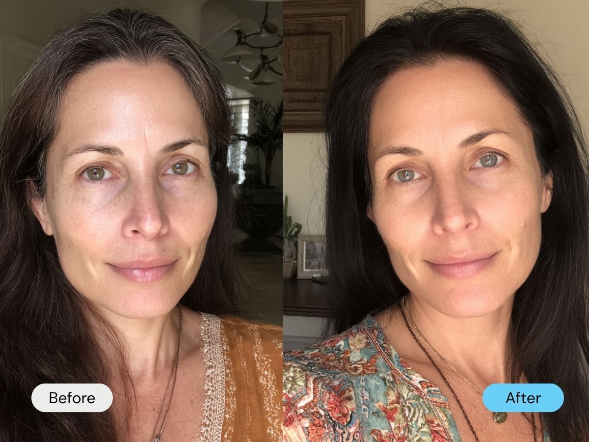 Before and after photos of a woman showing skin improvements.