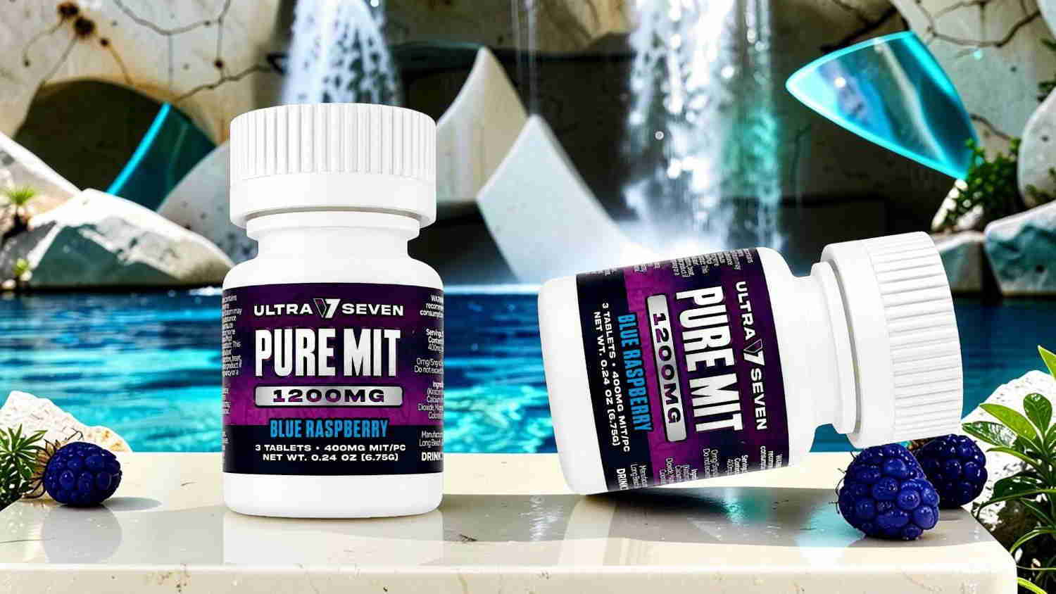 Bottles of Pure MIT supplement in a scenic background with water features.