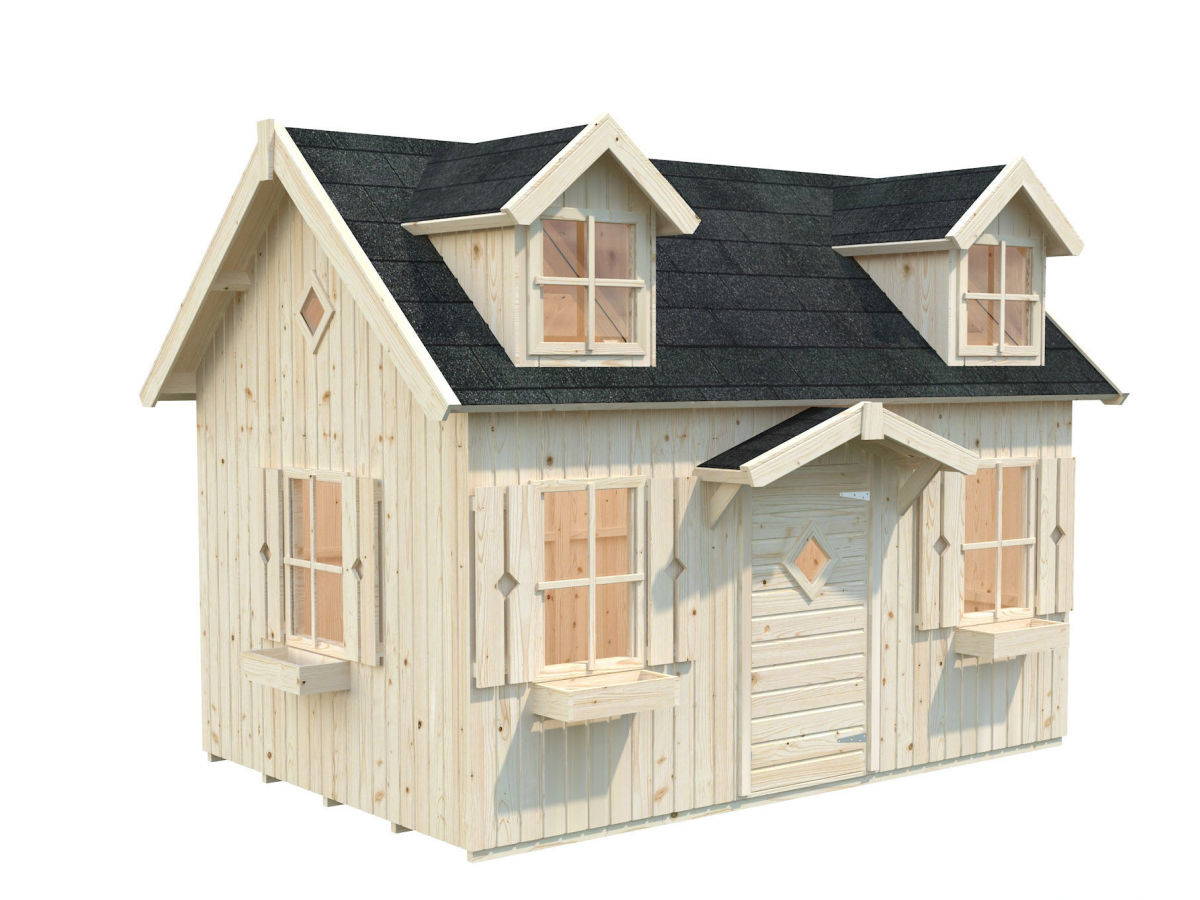 2- story Wooden DIY Playhouse Kit with dormer windows and wooden flower boxes by WholeWoodPlayhouses