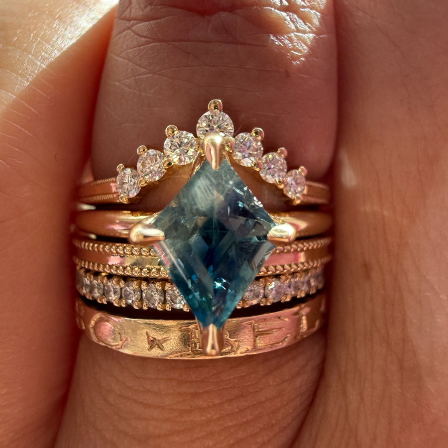 High profile engagement ring blue-green kite cut sapphire