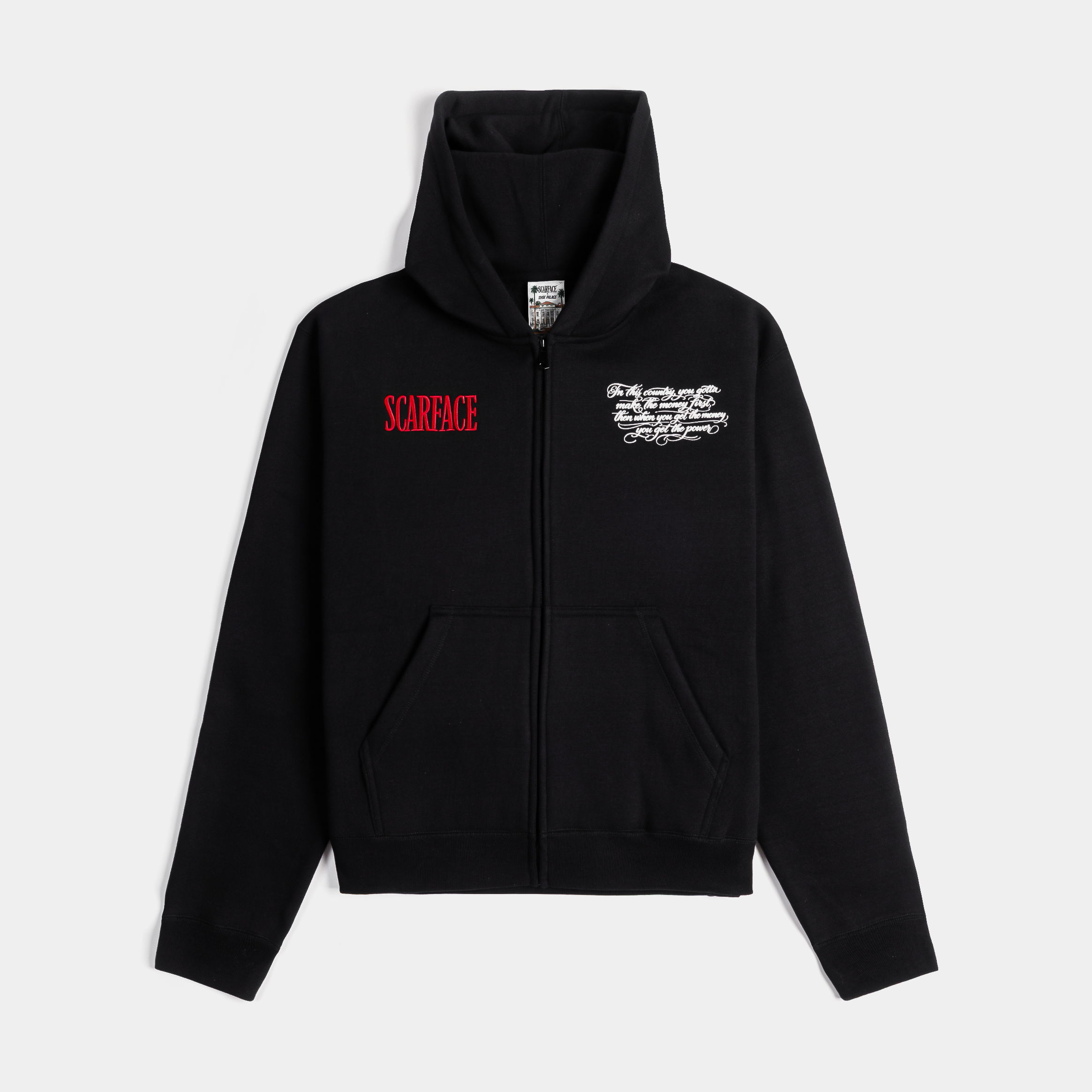 Black zip-up hoodie with a hood and graphic designs.