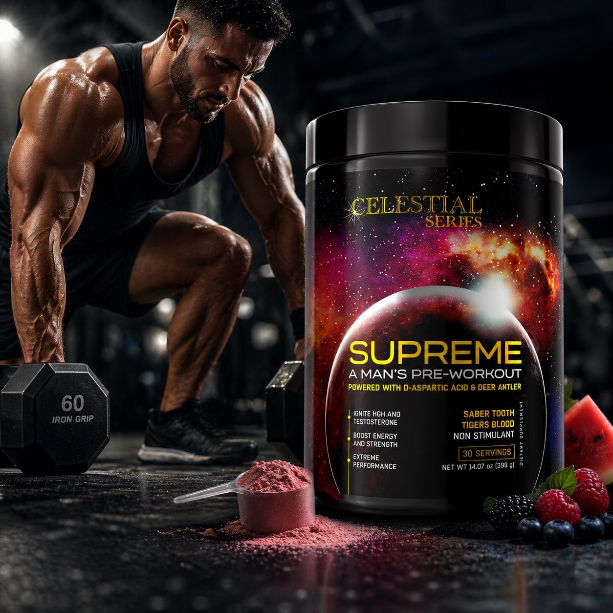 Man lifting weights beside a container of pre workout supplement.