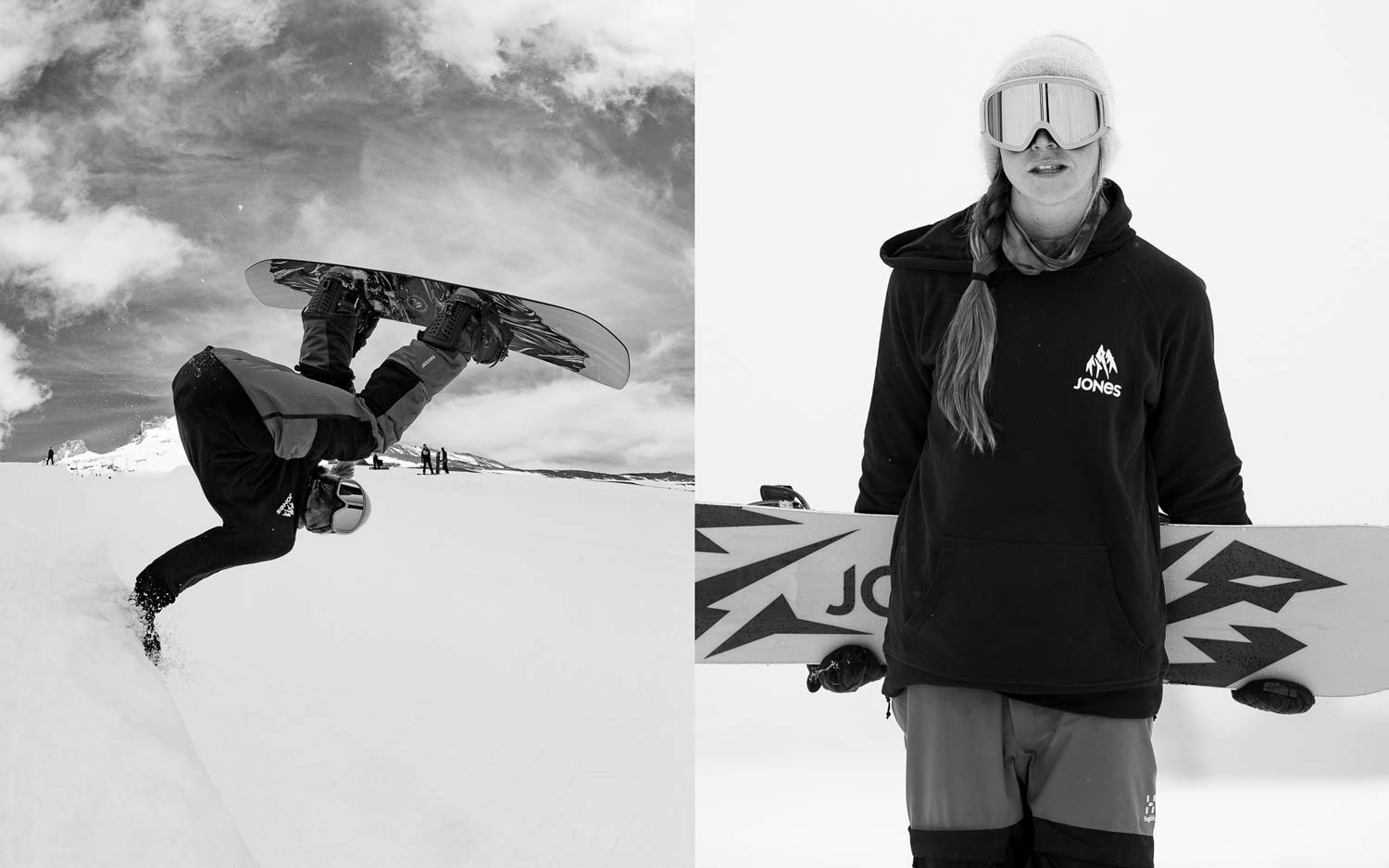 Snowboarder performing a trick alongside a person holding a snowboard.