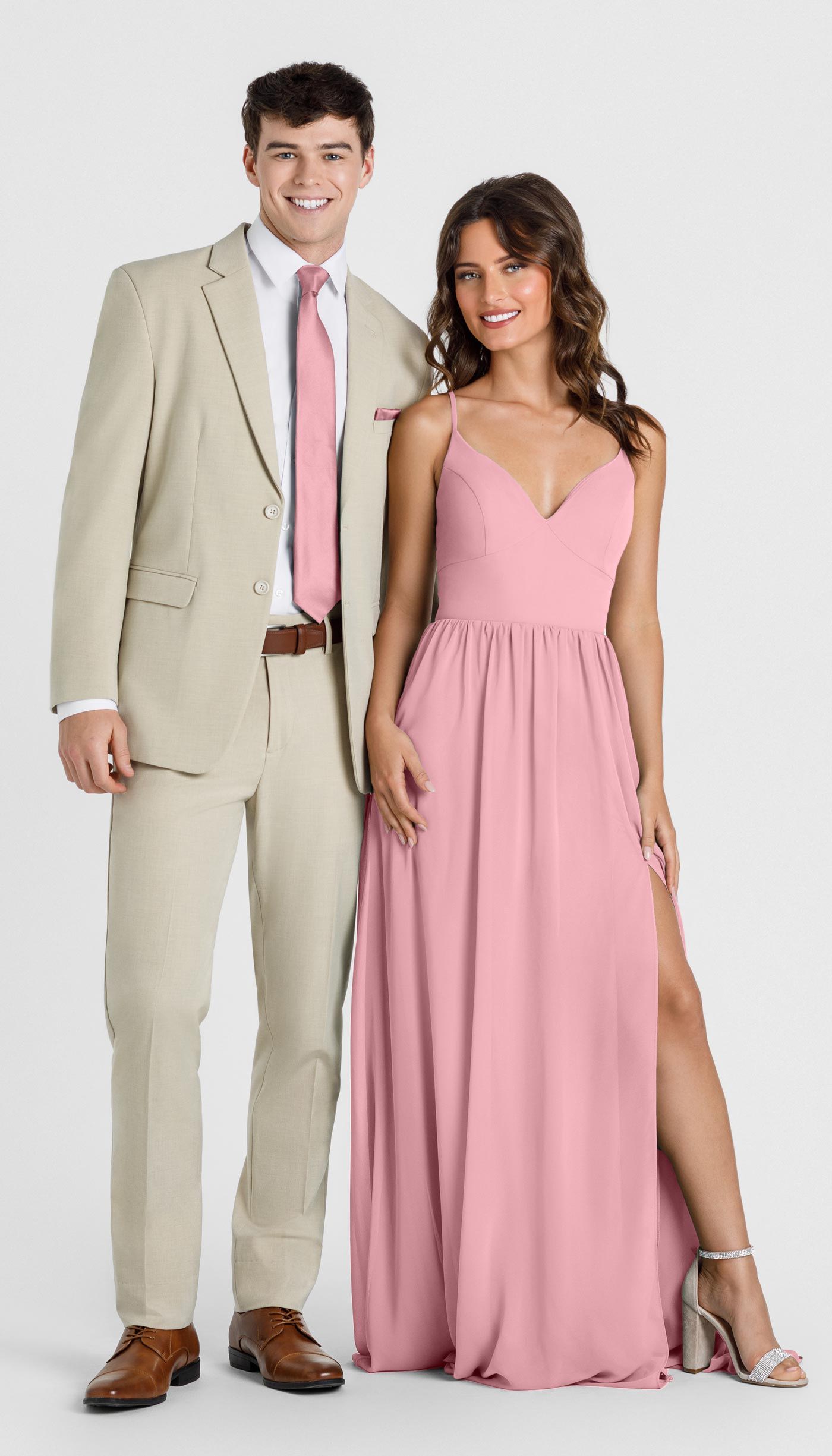 Tan Suit with Blossom Bridesmaid Dress