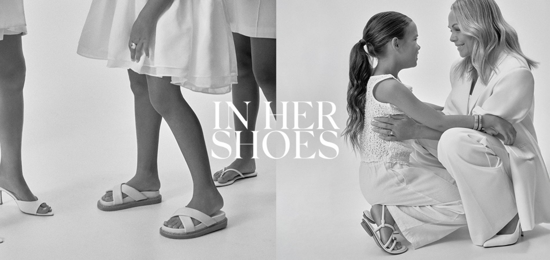 Two girls in white dresses, one sitting with an adult, showcasing shoes.