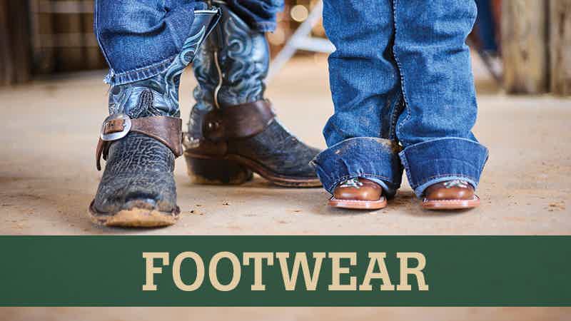 Closeup of cowboy boots, man wearing and toddler wearing with text 