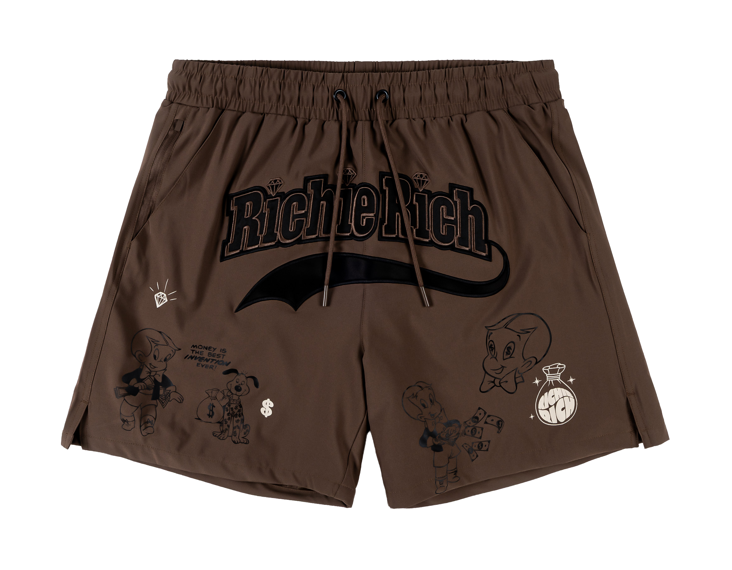 Brown swim shorts with graphic designs and 