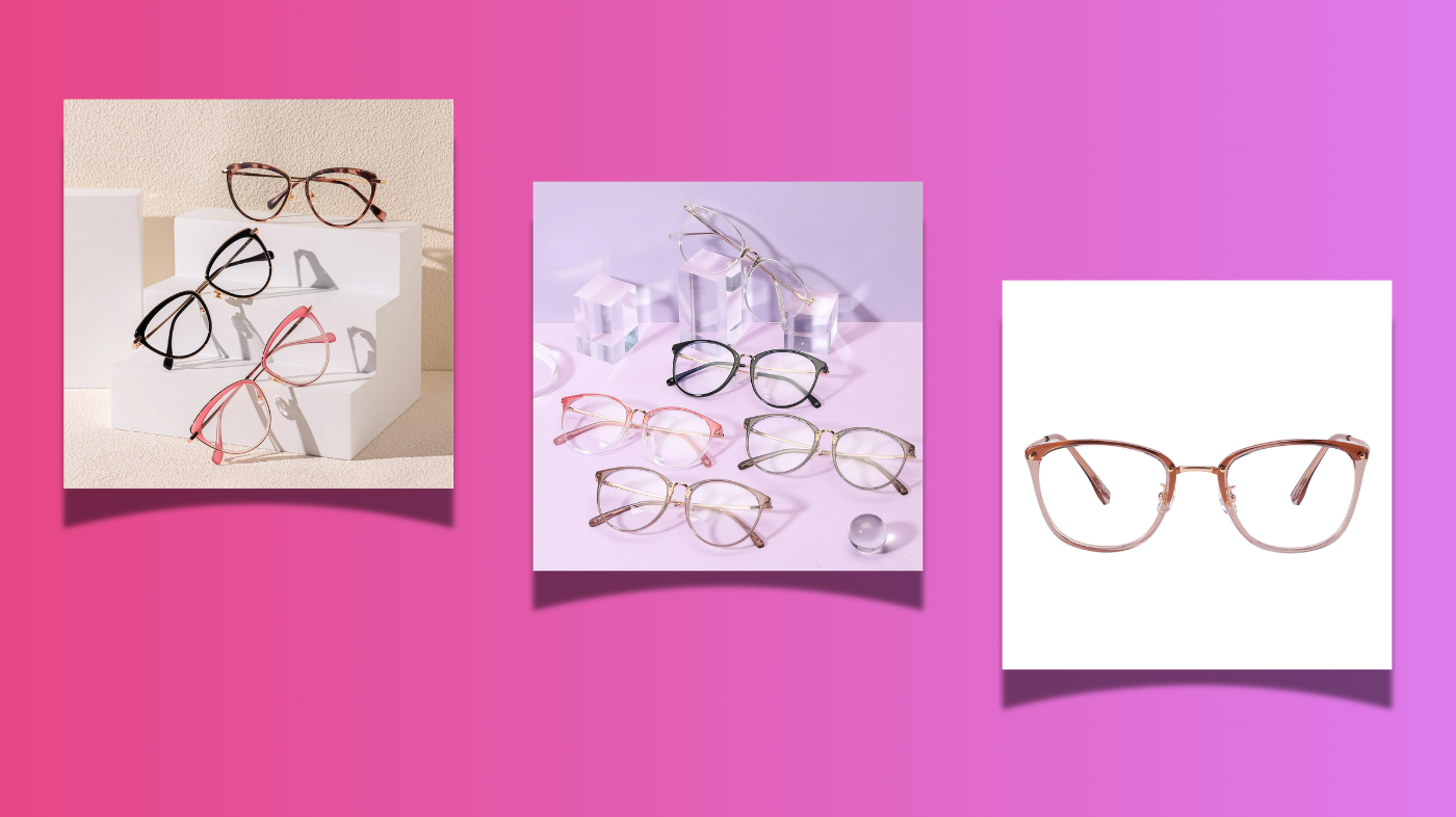 EyeCandys Posh Square and Infinity oversized prescription reading glasses styled as part of Embarrassment Inside Out 2 cosplay costume with pastel aesthetic