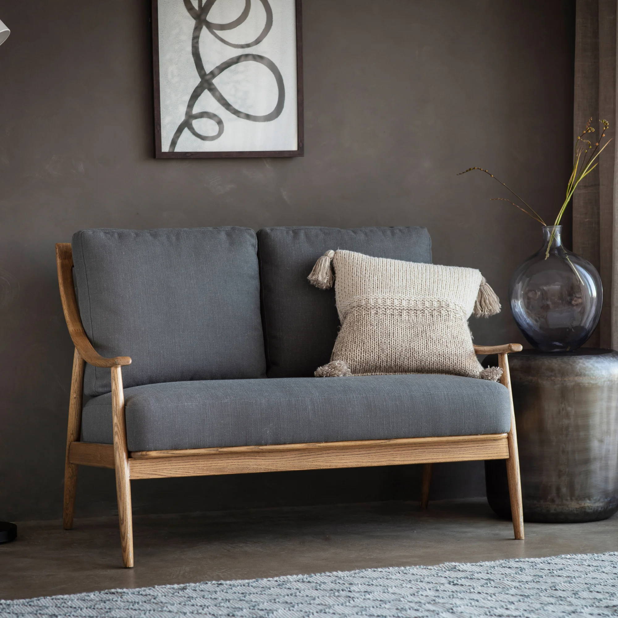 BROCK 2 seat mid century sofa with solid wood frame and grey linen upholstery | MalletandPlane.com