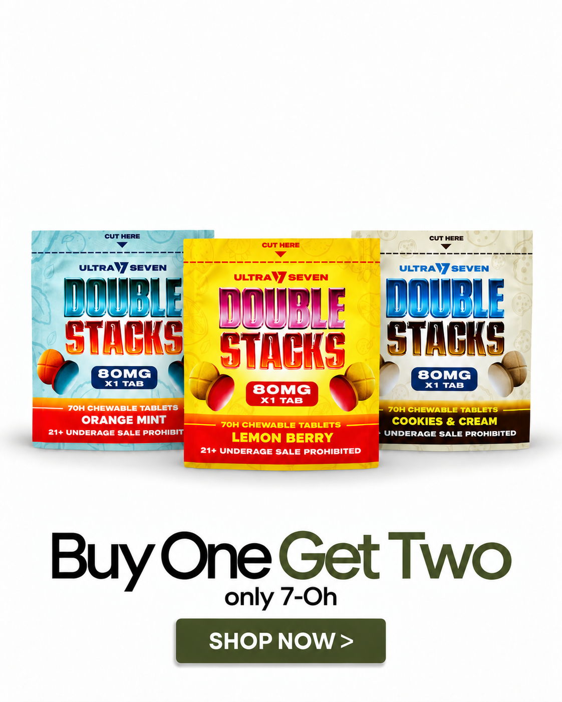 Promotional image for Double Stacks supplements with a buy one get two offer.