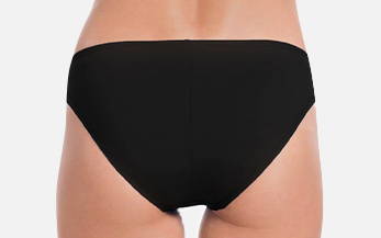 Back image, close-up of model wearing black hipster swimsuit bottoms.