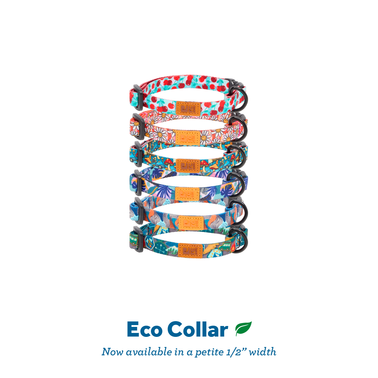 Colorful eco-friendly pet collars displayed in a stack.