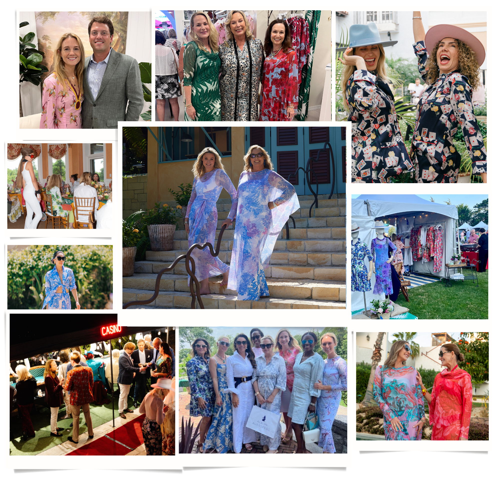 Collage of women in colorful outfits at various social gatherings.