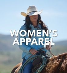 Woman in cowboy hat on horse, promoting women's apparel.