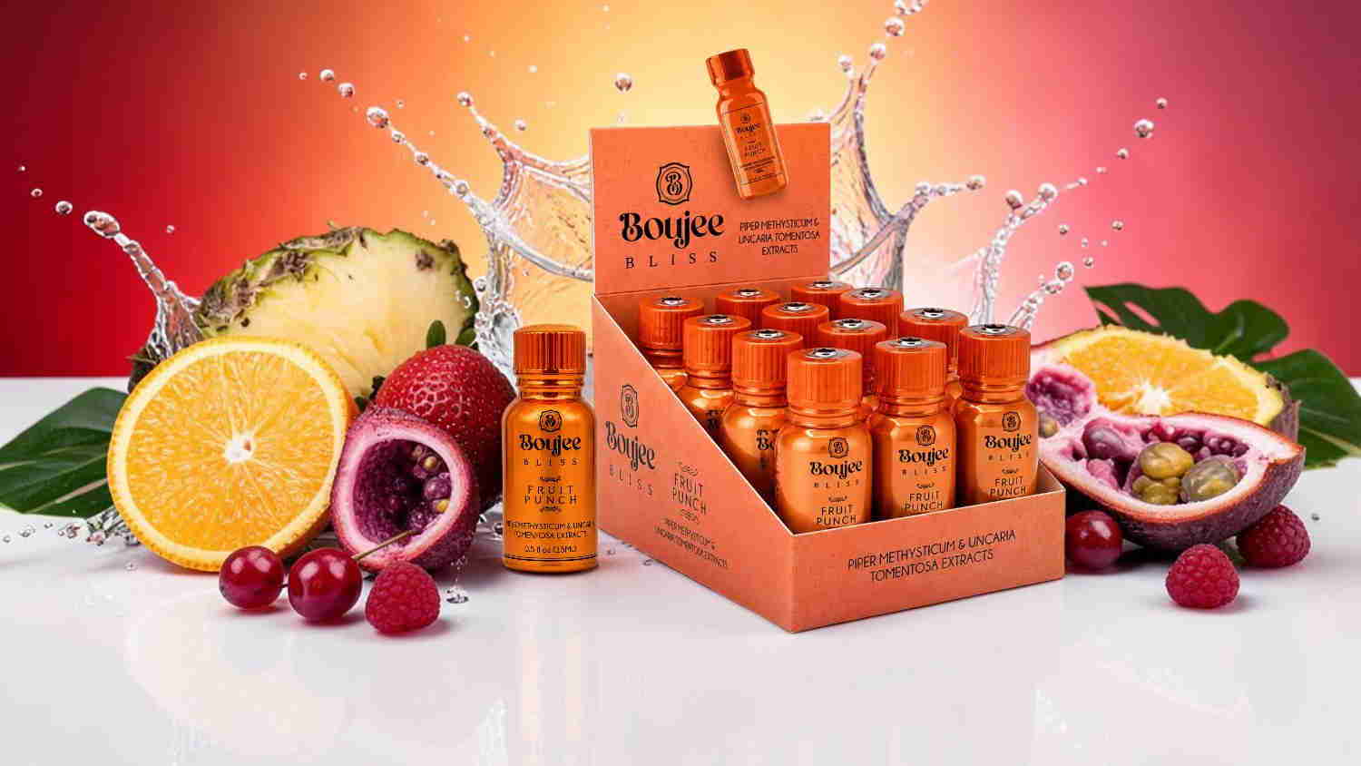 Box of energy shots surrounded by tropical fruits and splashing water.