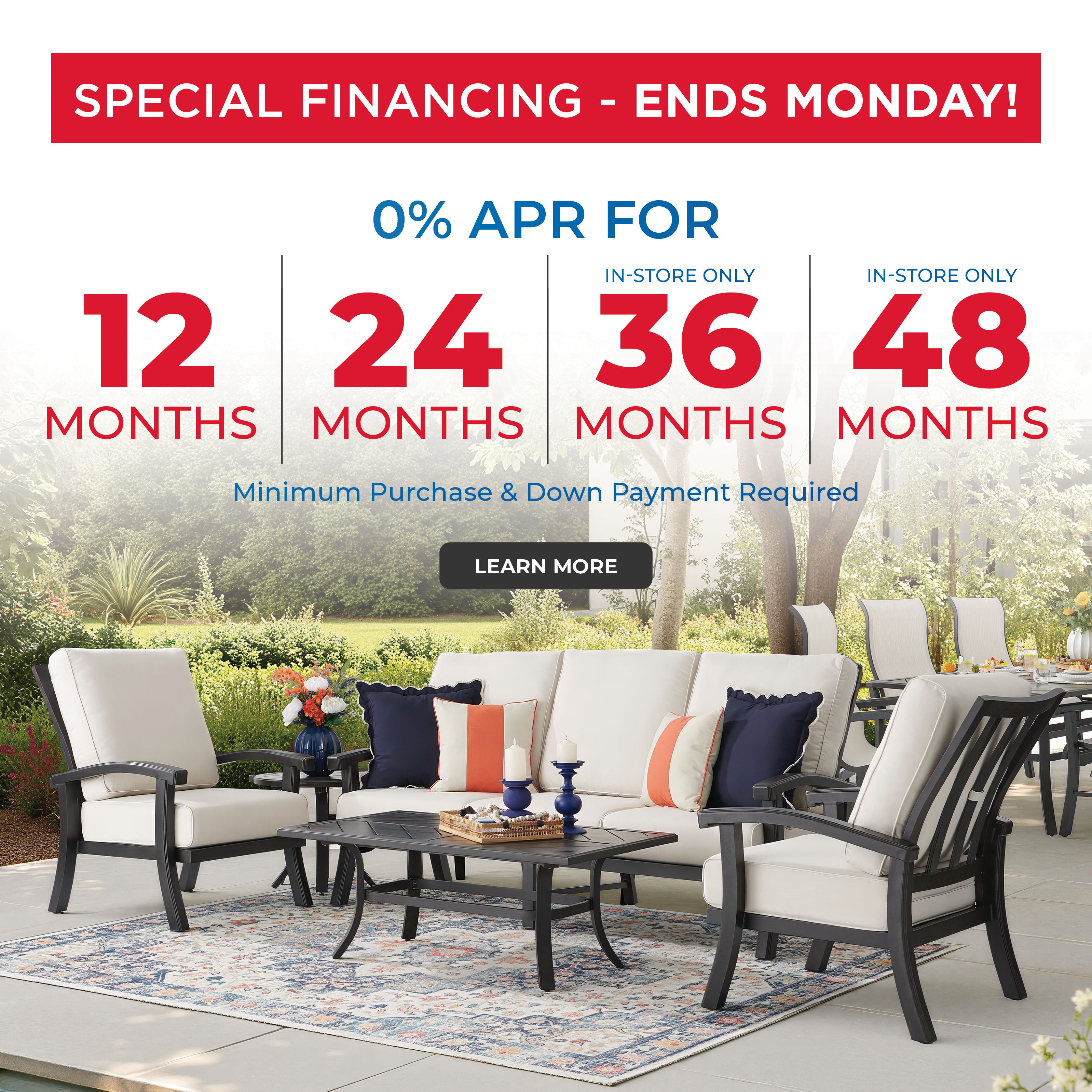 Promotional financing offer for furniture with various term options.