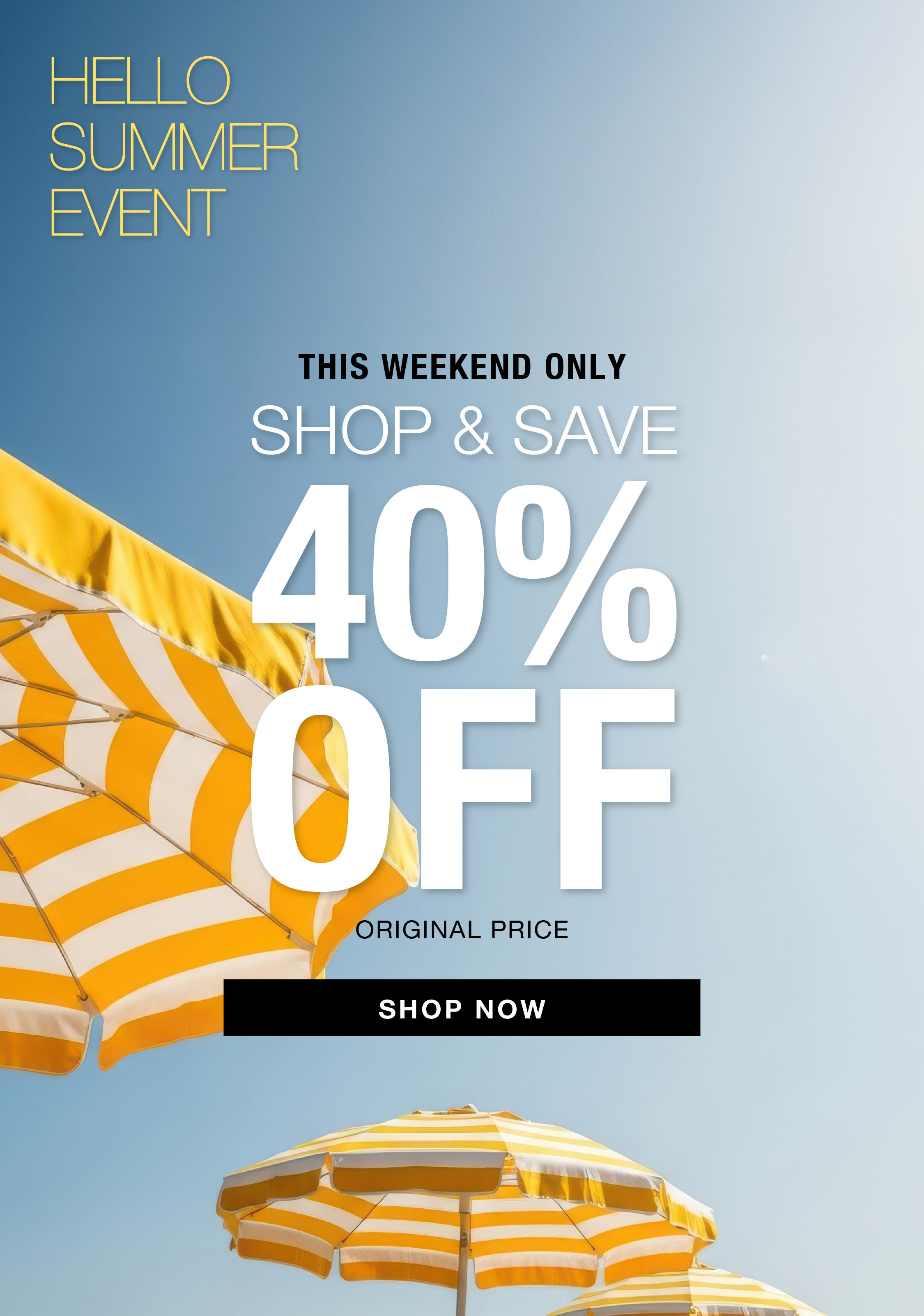 Promotional image for a summer sale, featuring umbrellas and discount text.