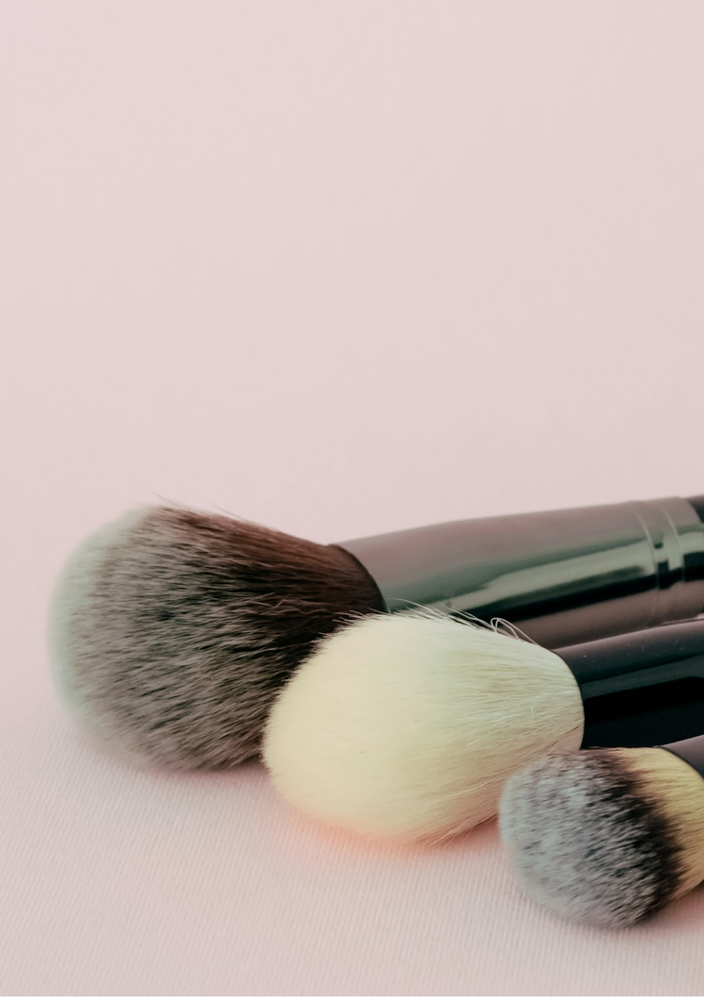 A selection of makeup brushes, arranged left to right from largest to smallest