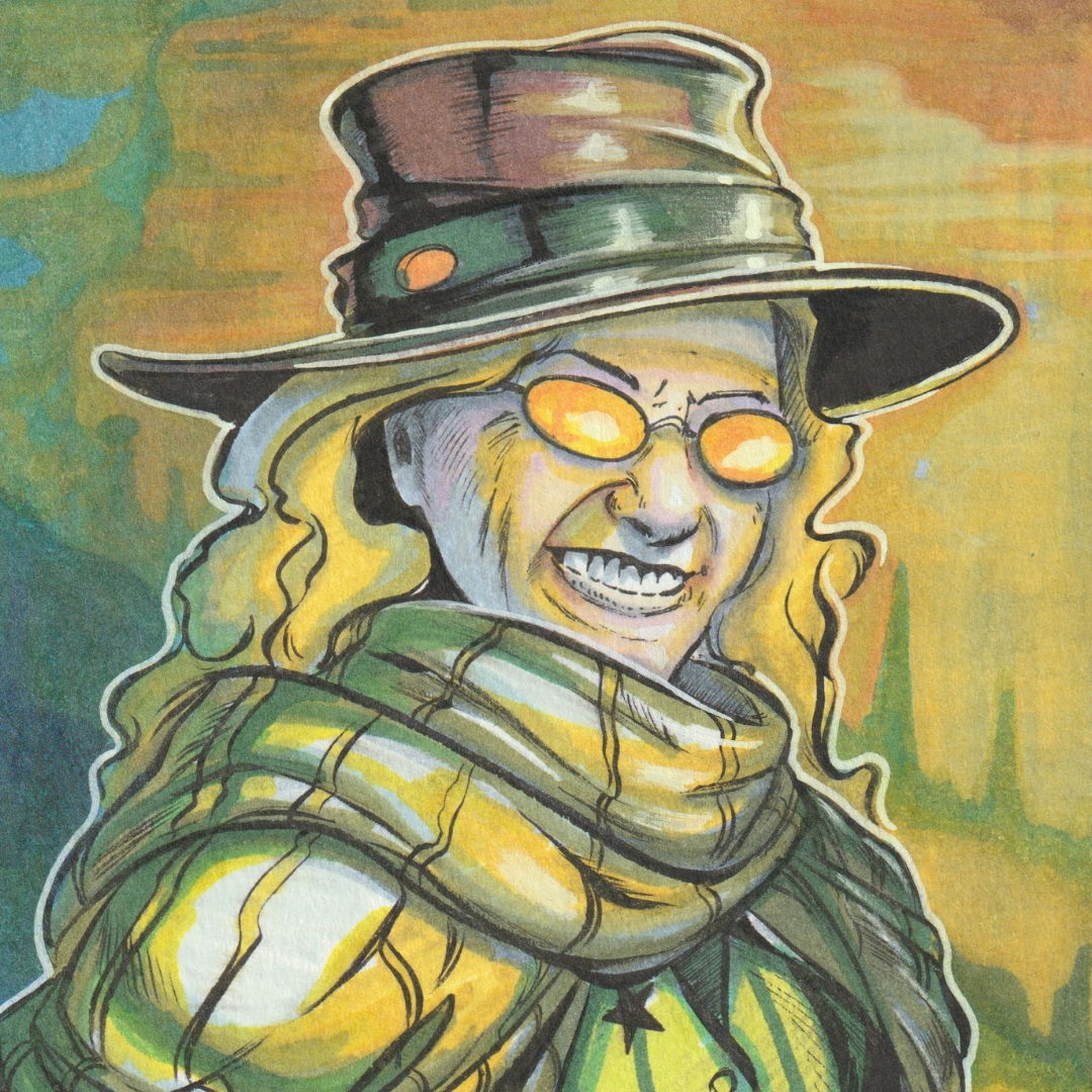 A character with a hat, yellow glasses, and a mischievous grin.