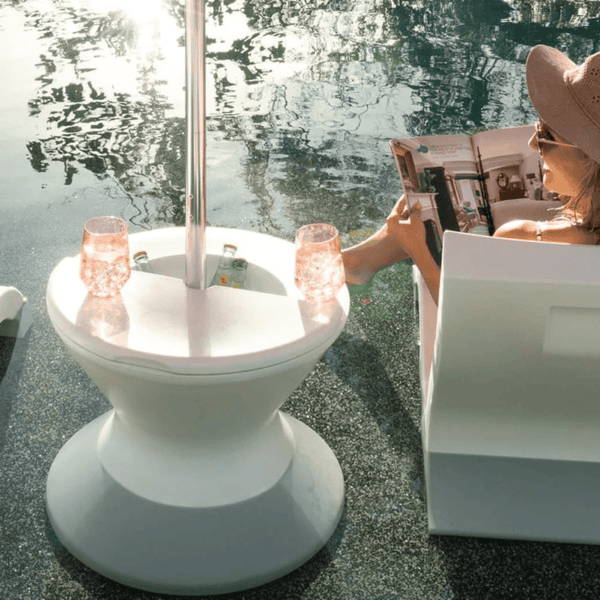In-Pool ice bin side table with umbrella stand.