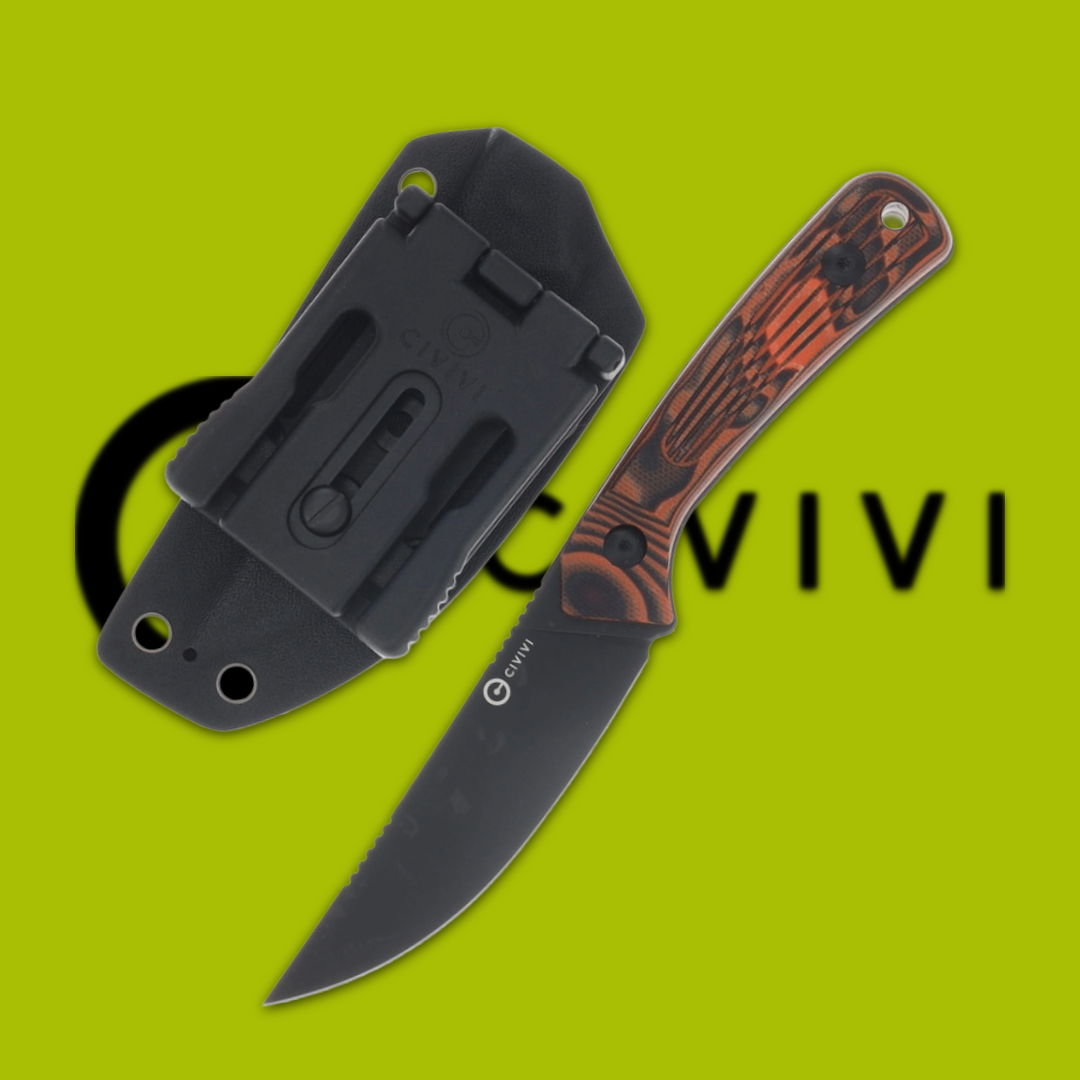 Civivi knife with black sheath on a bright green background.