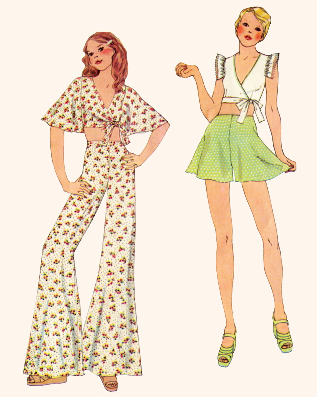 Two fashionable women in 1970s-inspired outfits, one in pants and the other in a skirt.
