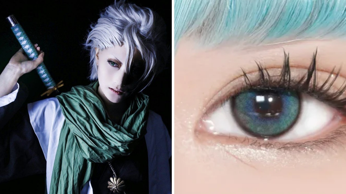 EyeCandys icy turquoise colored contact lens close-up for Toshiro Hitsugaya Bleach cosplay