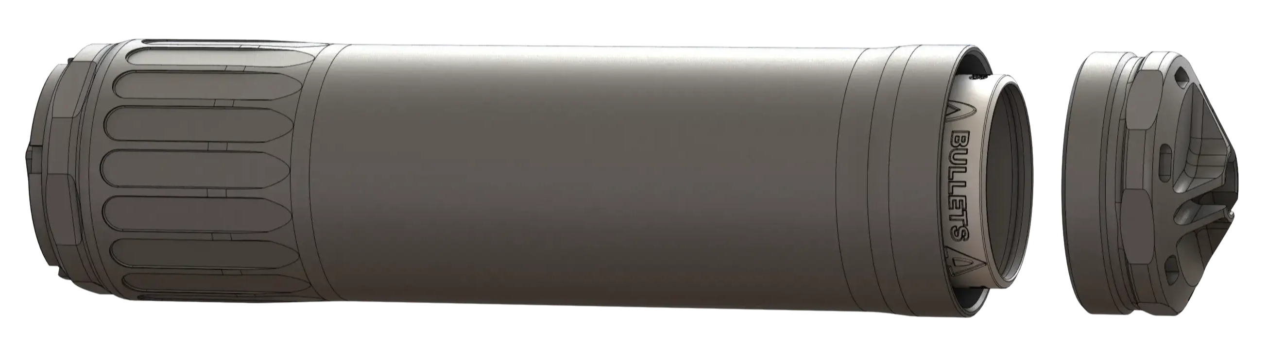 Image of VENTUM 762 Suppressor with the GEO front Cap removed to show you proper install of VENTUM FLOW Core. Bullet symbol facing to the direction of front cap. 