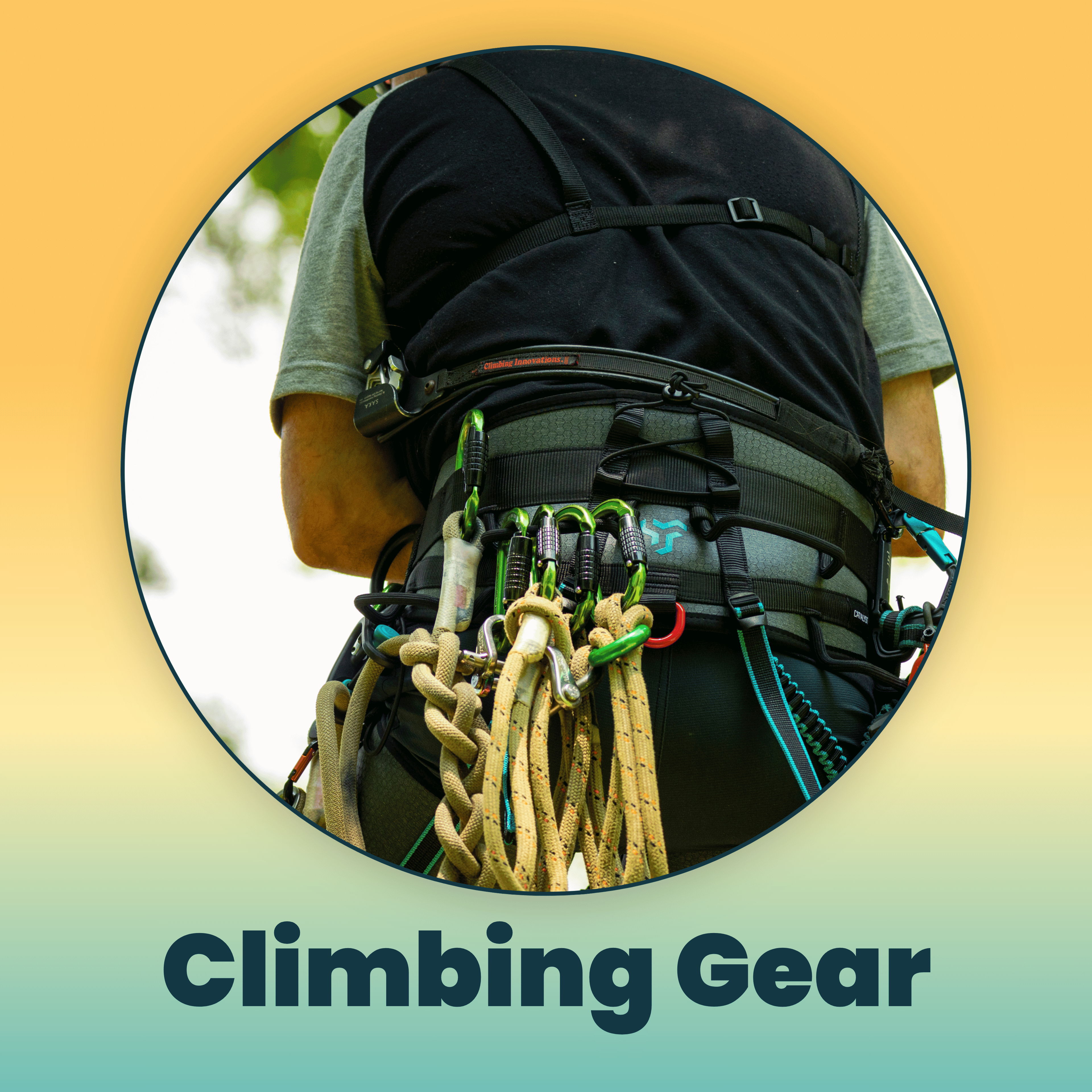 Climbing gear attached to a person's harness.